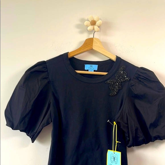 CeCe Black Puff Sleeve Embellished Blouse - Picture 3 of 6